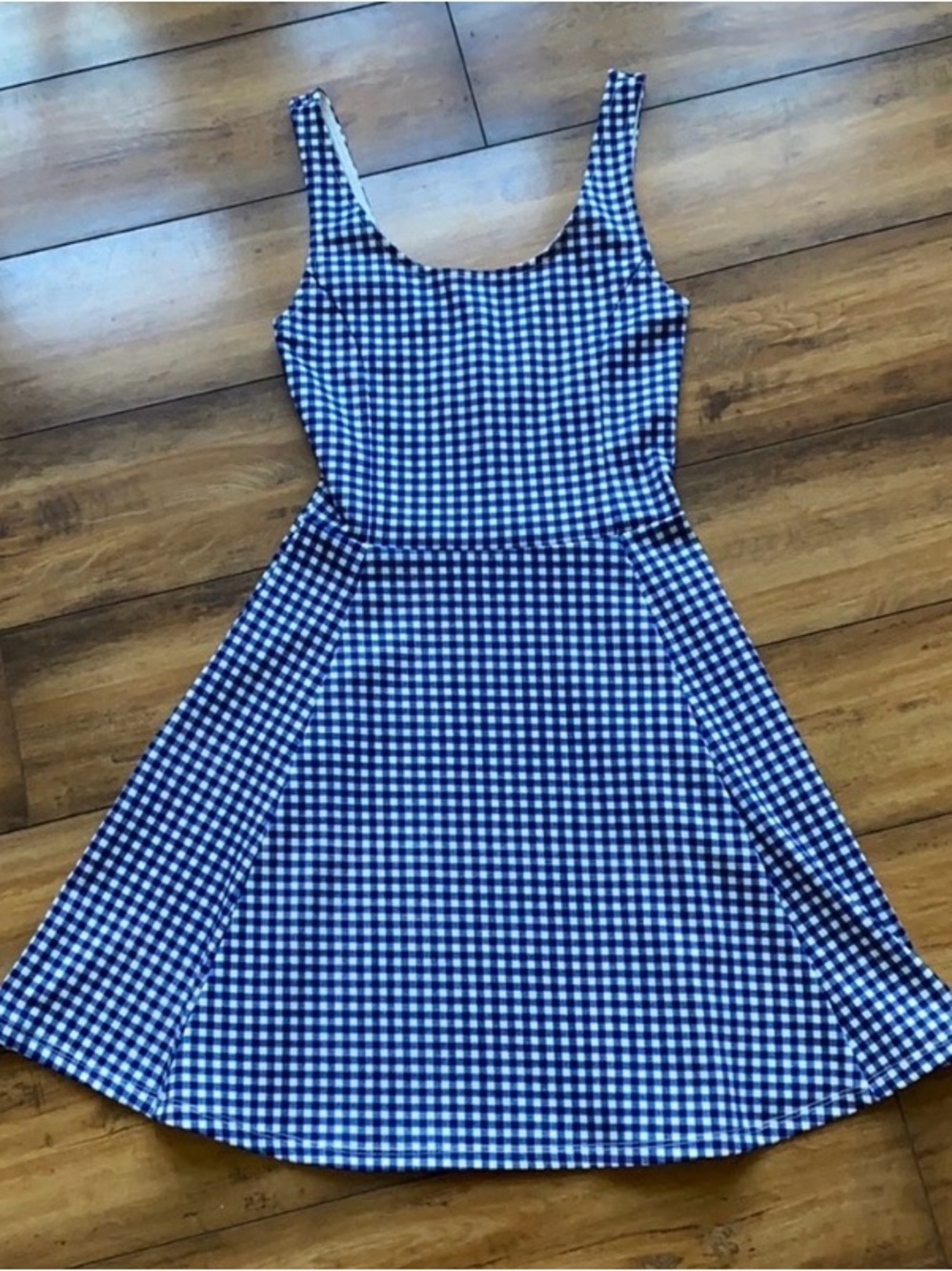 H&M Blue and White Gingham Fit & Flare Mini Dress